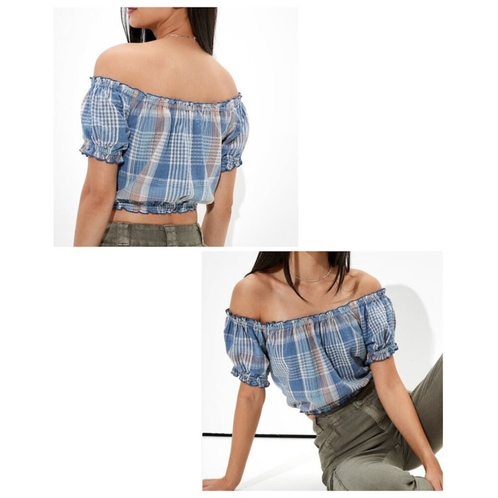 American Eagle Blue Plaid Off The Shoulder Puff Sleeve Crop Top